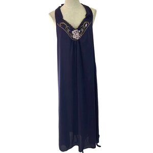 Vintage Womens Nightgown Purple Size Medium Tie Back Halter Top Nylon Maxi